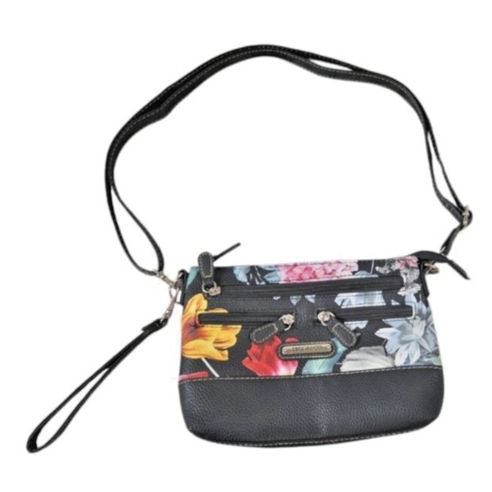 Stone & Co. Crossbody Bag Black Floral Adjustable Strap Zipper Accents Wristlet